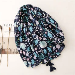 Foulard écharpe En Coton Et Cashmere Fleuri Bleu