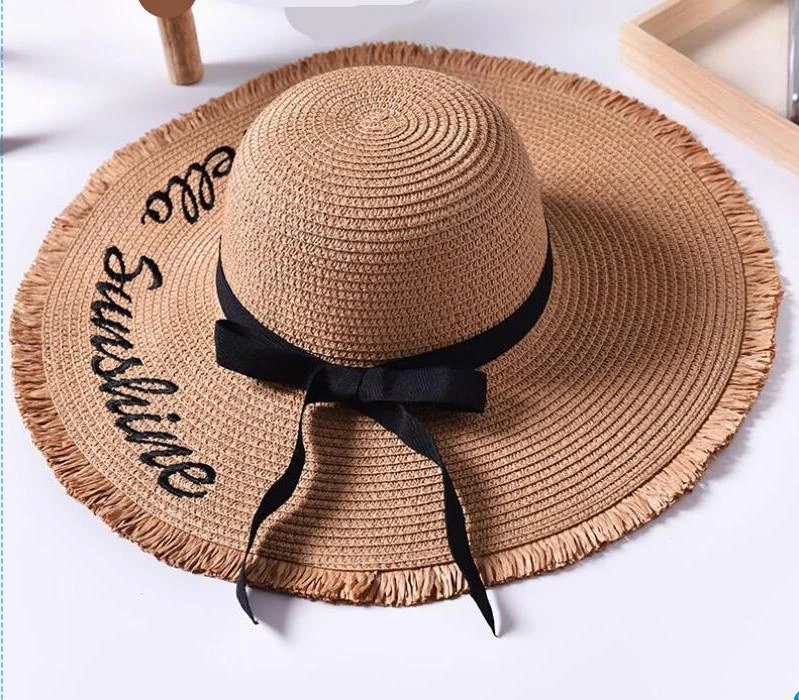 Chapeau En Paille Pour Femmes à Grand Bord Et Ruban Noir