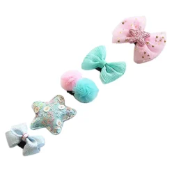 Barrette Bébé : Lot De Cinq Barrettes Bébé Nœud Rose, Nœud Bleu, Pompon Rose, étoile Bleu Et Nœud Bleu