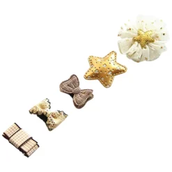 Barrette Bébé : Lot De Cinq Barrettes Bébé Tulle Jaune, étoile Jaune, Nœud Marron, Nœud Beige Et Nœud Vichy