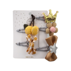 Barrette Bébé : Lot De Cinq Barrettes Bébé Couronne Jaune, Cerise Jaune, Fleur Marron, Nœud Marron Et étoile Marron