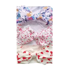 Bandeau Bébé Fille : Lot De Trois Bandeaux élastiques Bleu Fleuri Rouge Fleuri Et Blanc Cœur 
