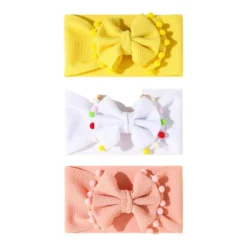 Bandeau Bébé Fille : Lot De Trois Bandeaux élastiques Pompon Jaune Blanc Et Orange