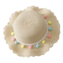 Chapeau De Paille Enfant Pompon Beige