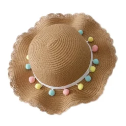 Chapeau De Paille Enfant Pompon Marron