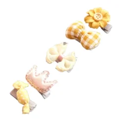 Barrette Bébé : Lot De Cinq Barrettes Bébé Fleur Jaune, Nœud jaune, Nœud beige, Couronne Rose Et Bonbon Jaune